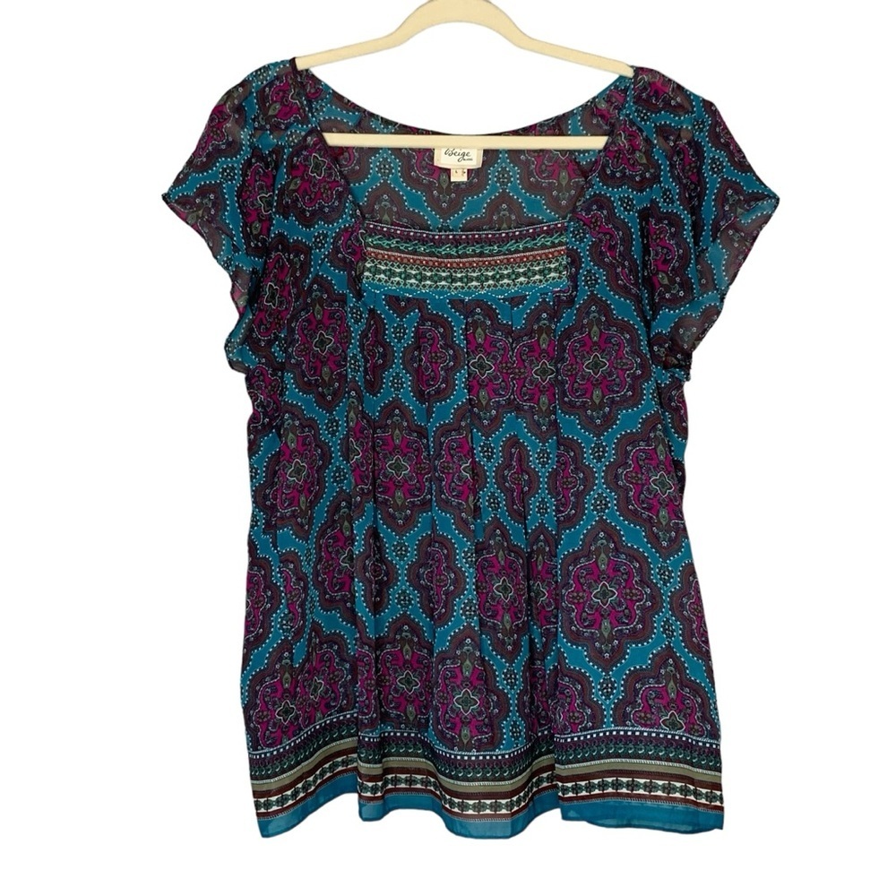 Beige by ECI sheer aqua brown and hot pink paisley flutter sleeve blouse. Size L